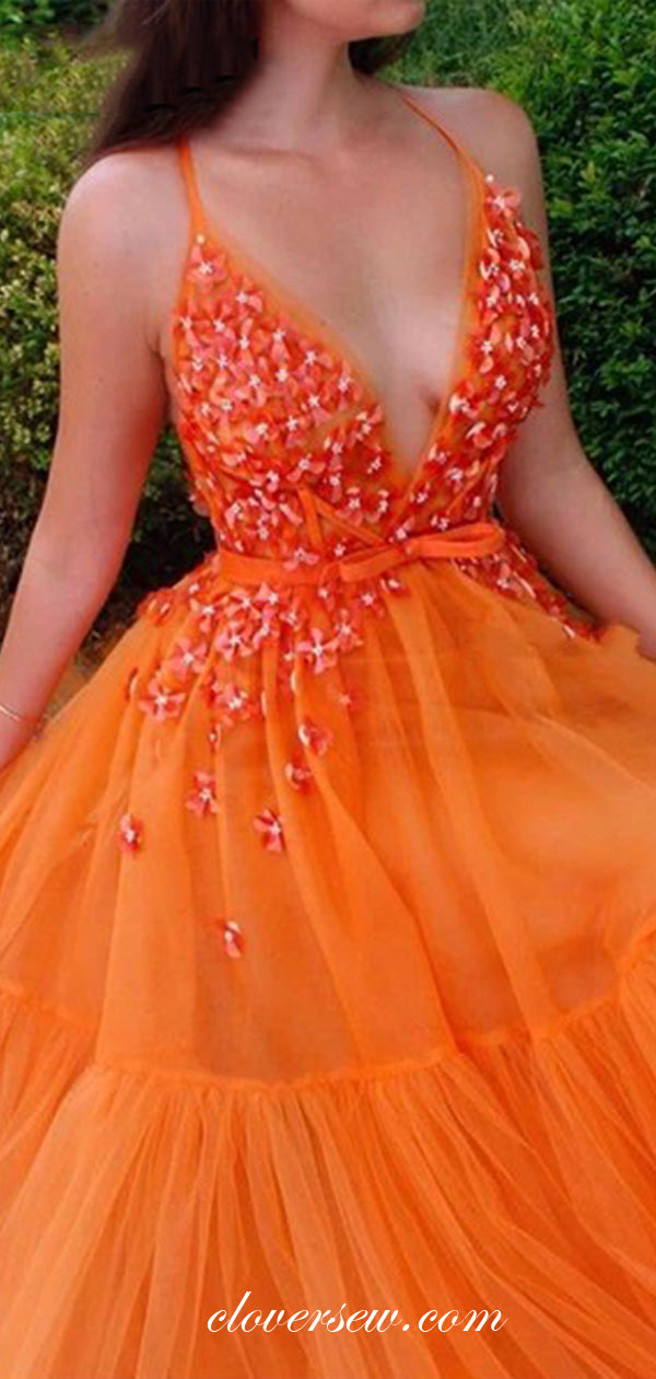 Orange 3D Applique Tulle Sleeveless A-line Prom Dresses,CP0149
