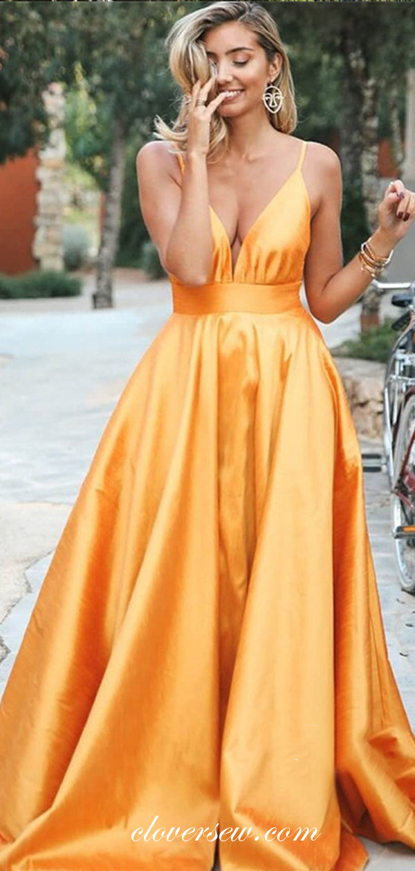 Orange Satin Spaghetti Strap A-line Fashion Prom Dresses, CP0043