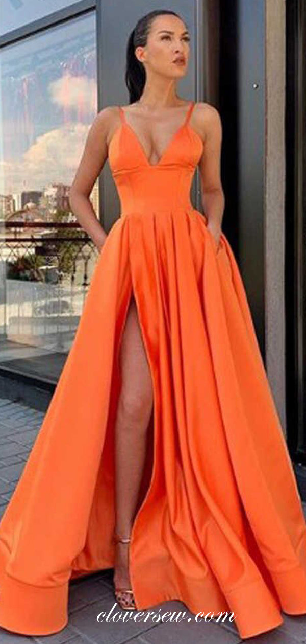 Orange Satin V-neck Side Slit High Waist With Pocket Prom Dresses ,CP0343
