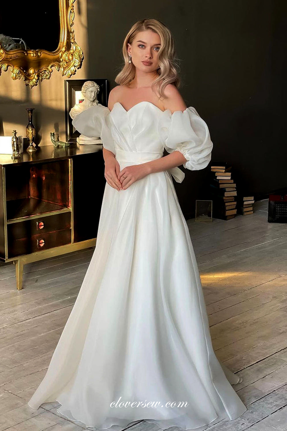 Organza Puffy Sleeves Off The Shoulder A-line Floor Length Wedding Dresses, CW0336