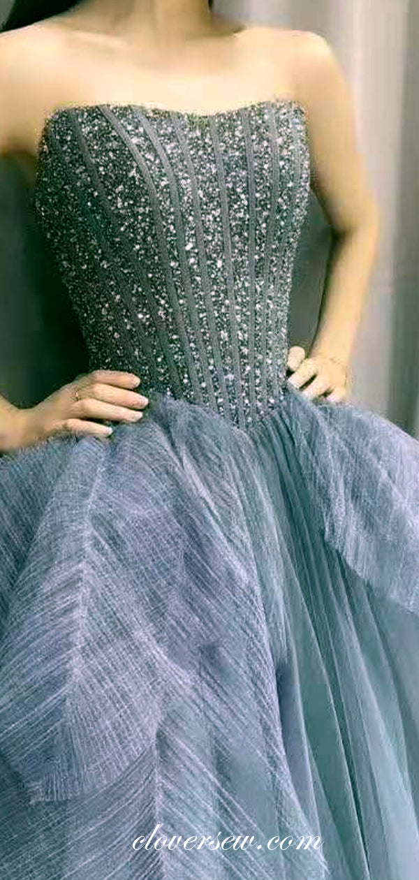 Pale Blue Bead Strapless Ball Gown Fashion Prom Dresses, CP0660