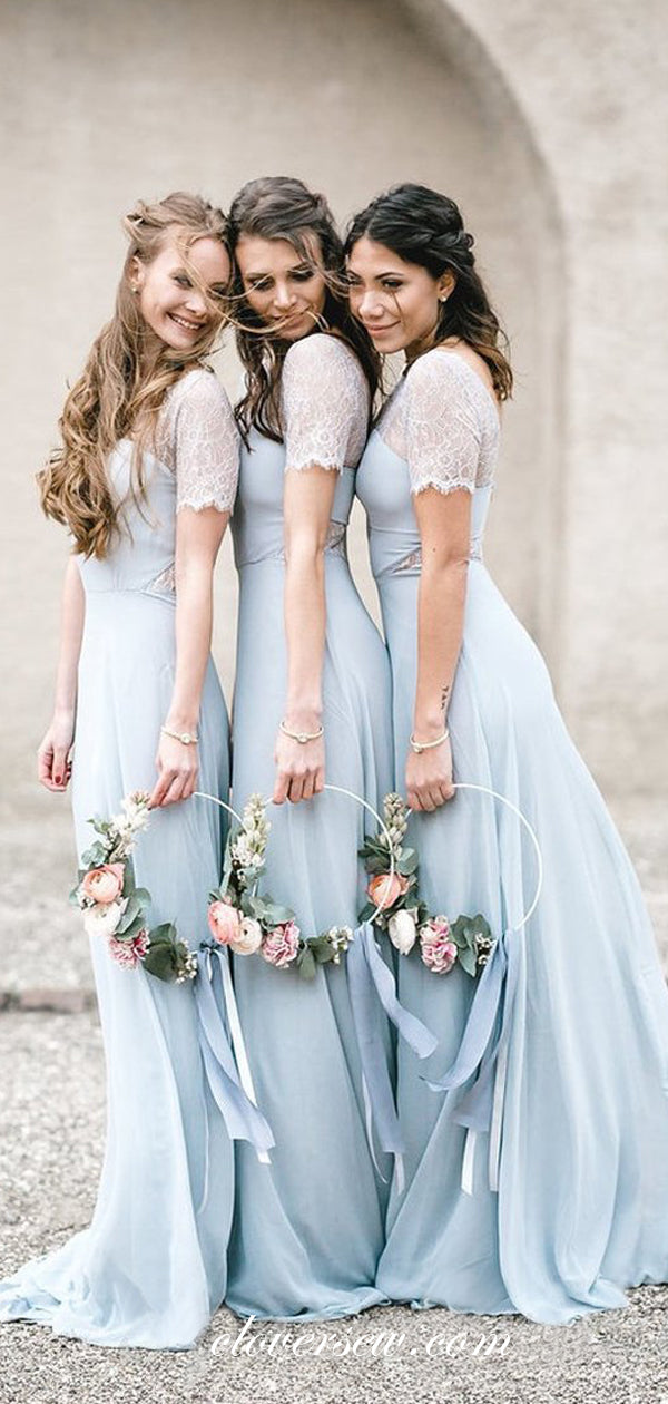 Pale Blue Chiffon Lace Short Sleeves Column Long Bridesmaid Dresses,CB0145