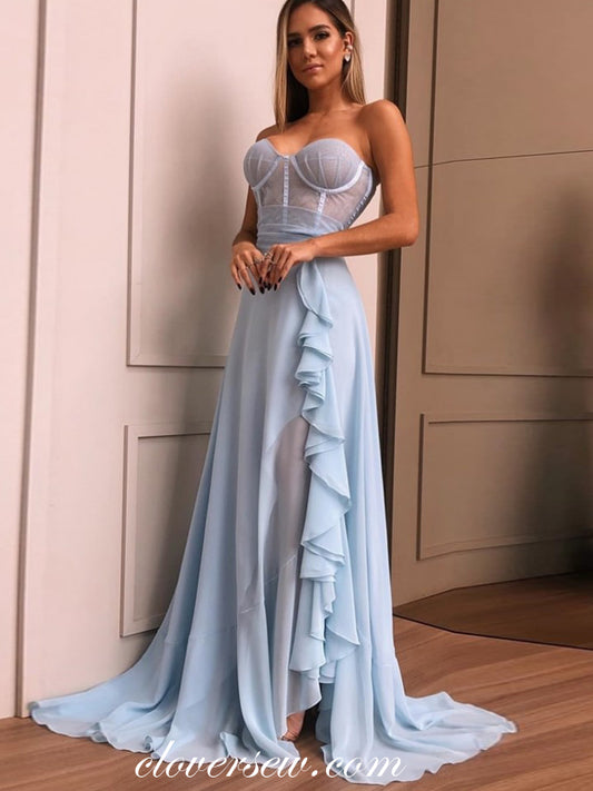 Pale Blue Chiffon Sweetheart Strapless A-line Party Dresses, CP0692