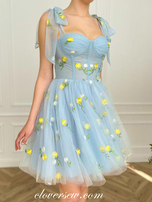 Pale Blue Embroidery Tulle Sweet Popular Short Party Dresses, CH0039