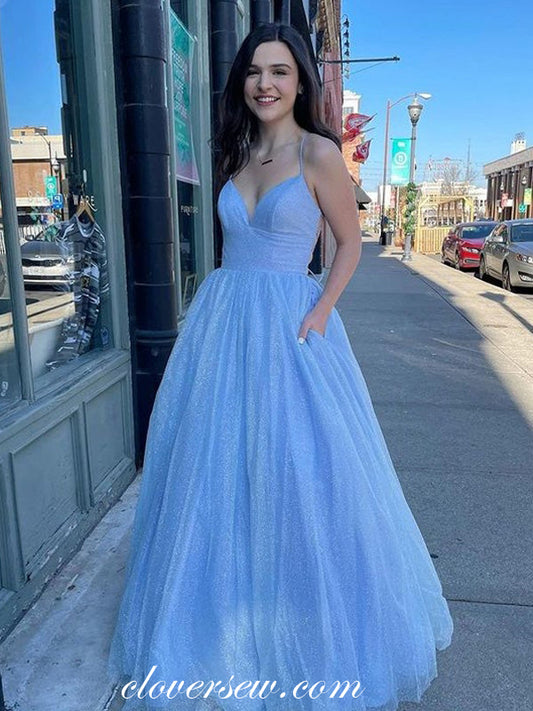 Pale Blue Glitter Tulle Spaghetti Strap A-line Prom Dresses For Teens, CP0824