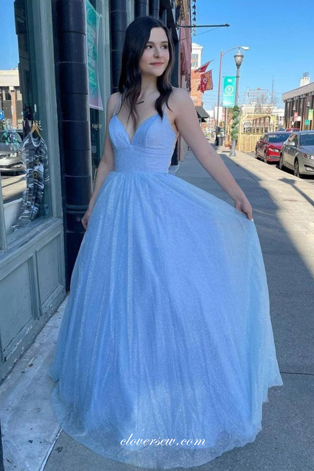 Pale Blue Glitter Tulle Spaghetti Strap A-line Prom Dresses For Teens, CP0824