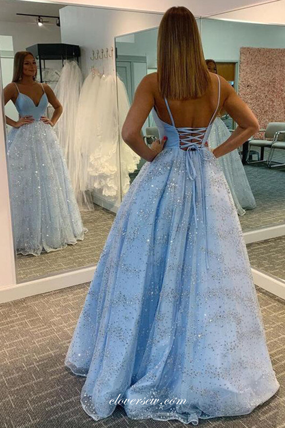 Pale Blue Glitter Tulle Spaghetti Strap Prom Dresses For Teens, CP0813