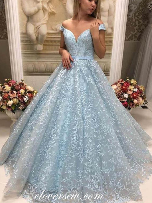 Pale Blue Lace Off The Shoulder A-line Prom Dresses For Teens, CP0748