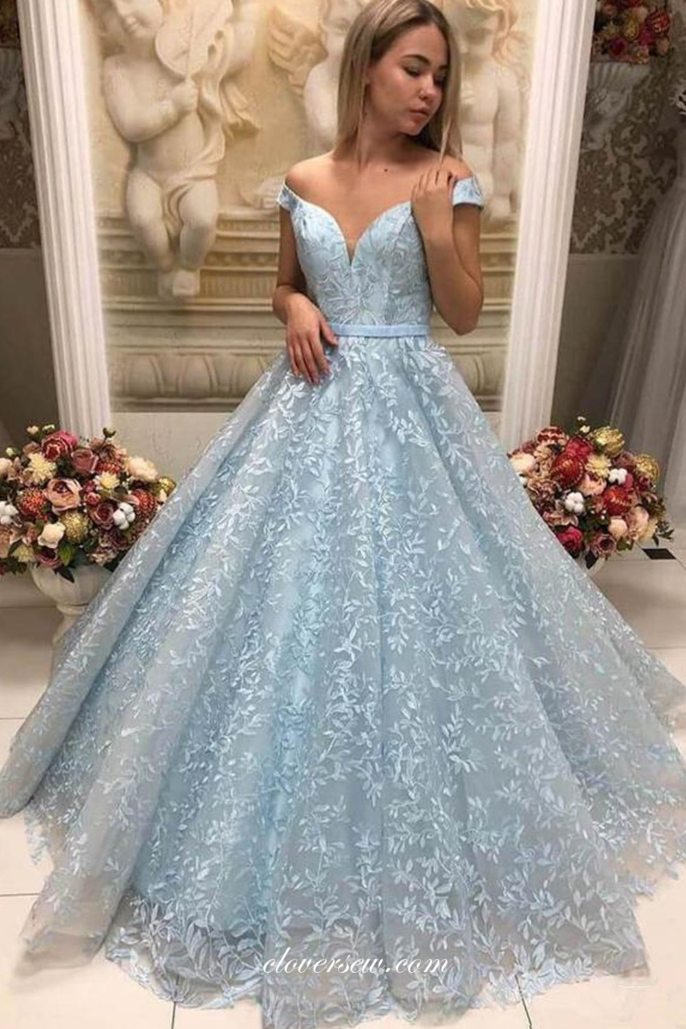 Pale Blue Lace Off The Shoulder A-line Prom Dresses For Teens, CP0748