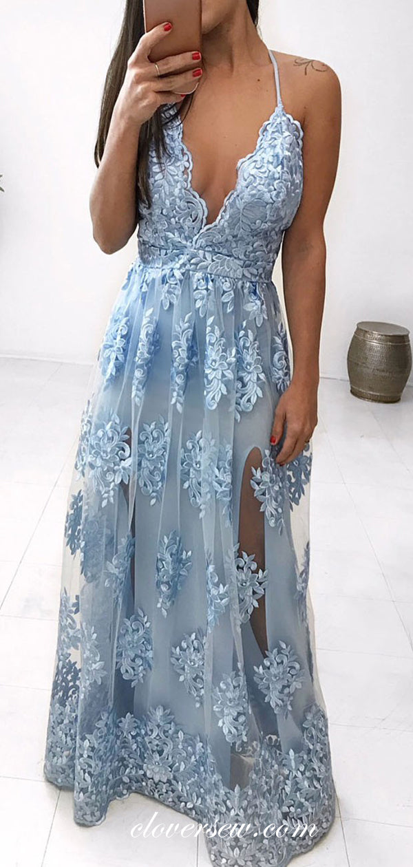 Pale Blue Lace Spaghetti Strap Backless Prom Dresses, CP0606