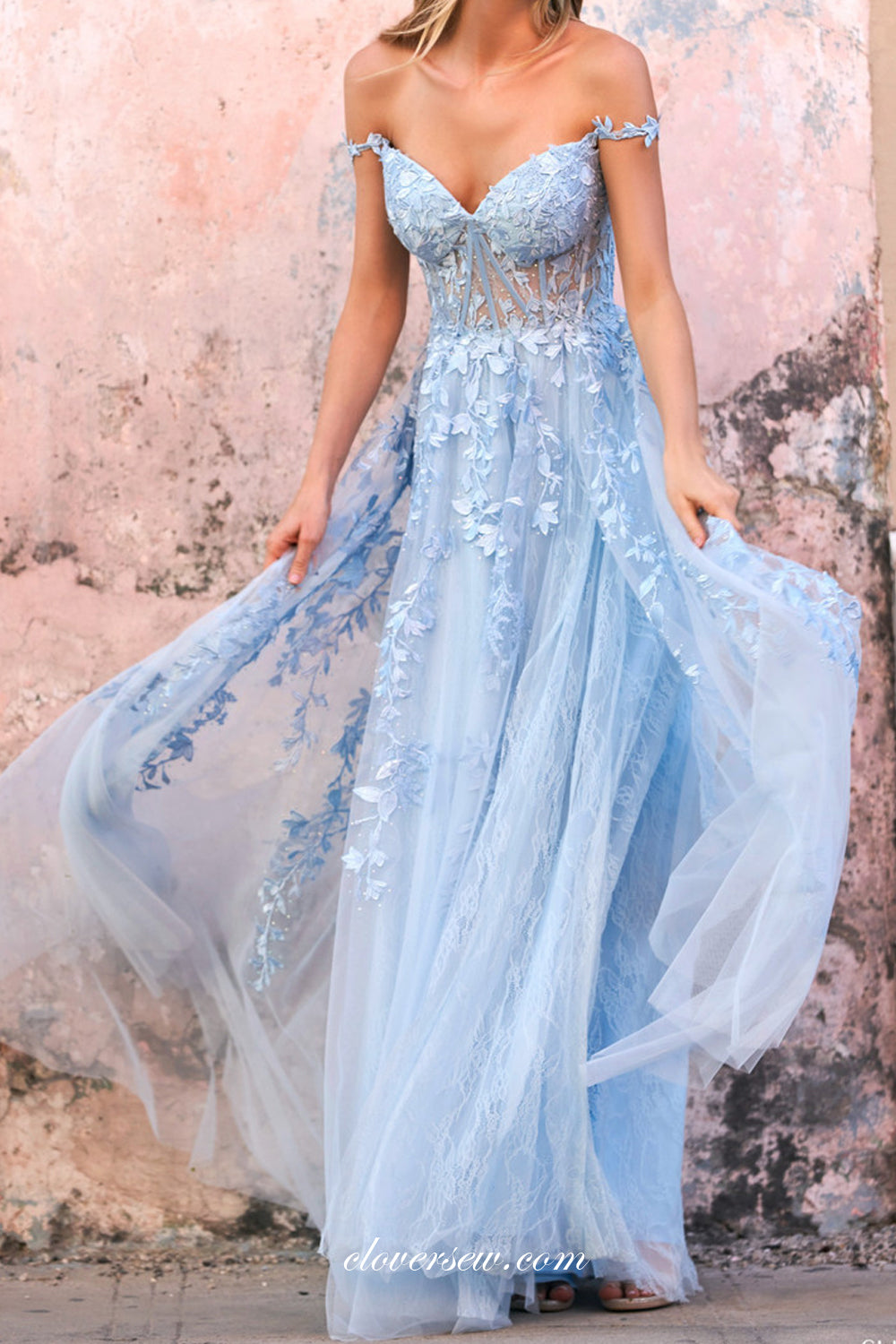 Pale Blue Off The Shoulder Lace Applique Prom Dresses, CP0809