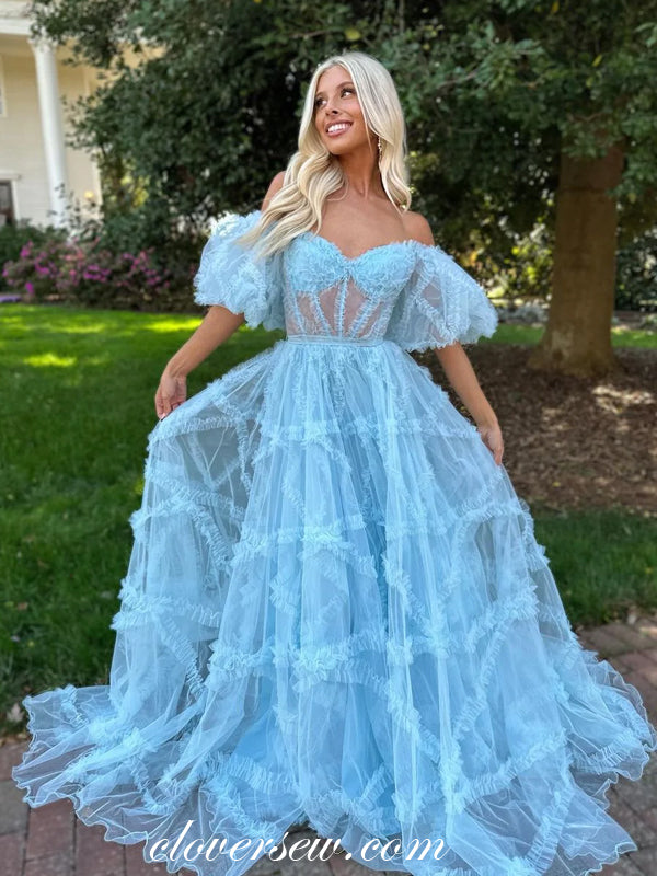 Pale Blue Ruffles Tulle Applqiue Off The Shoulder Prom Dresses For Teens, CP1013