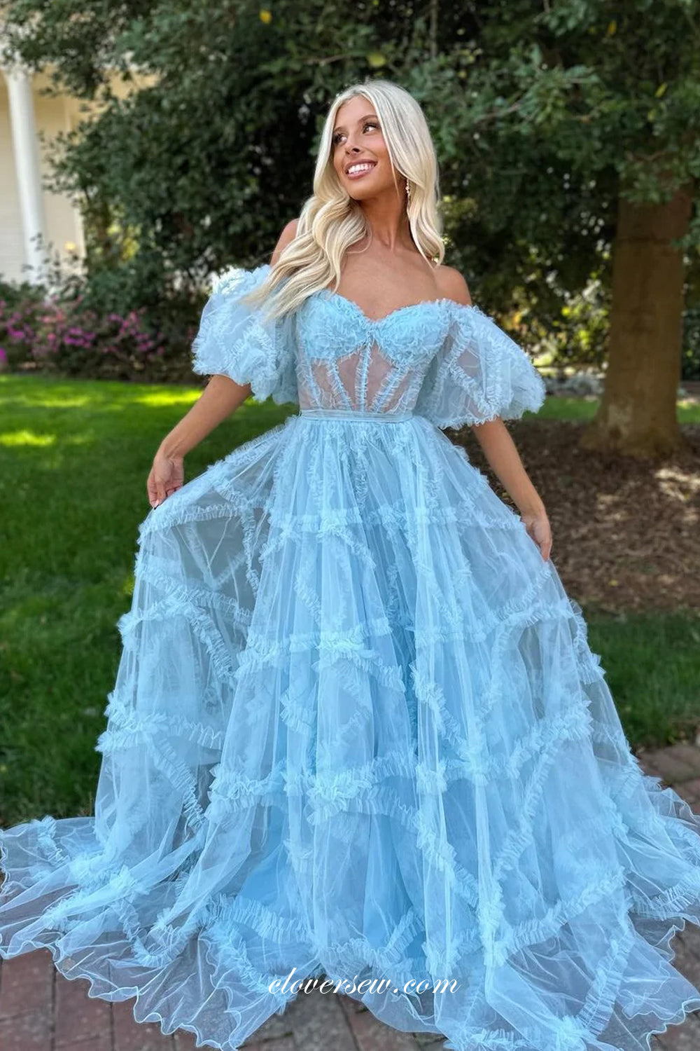 Pale Blue Ruffles Tulle Applqiue Off The Shoulder Prom Dresses For Teens, CP1013