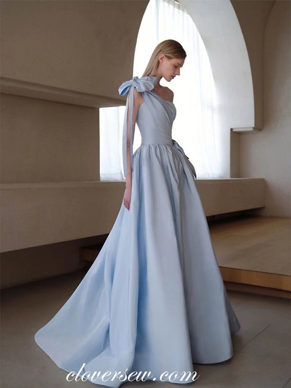Pale Blue Satin Bowknot One Shoulder Pleating A-line Prom Dresses, CP0850