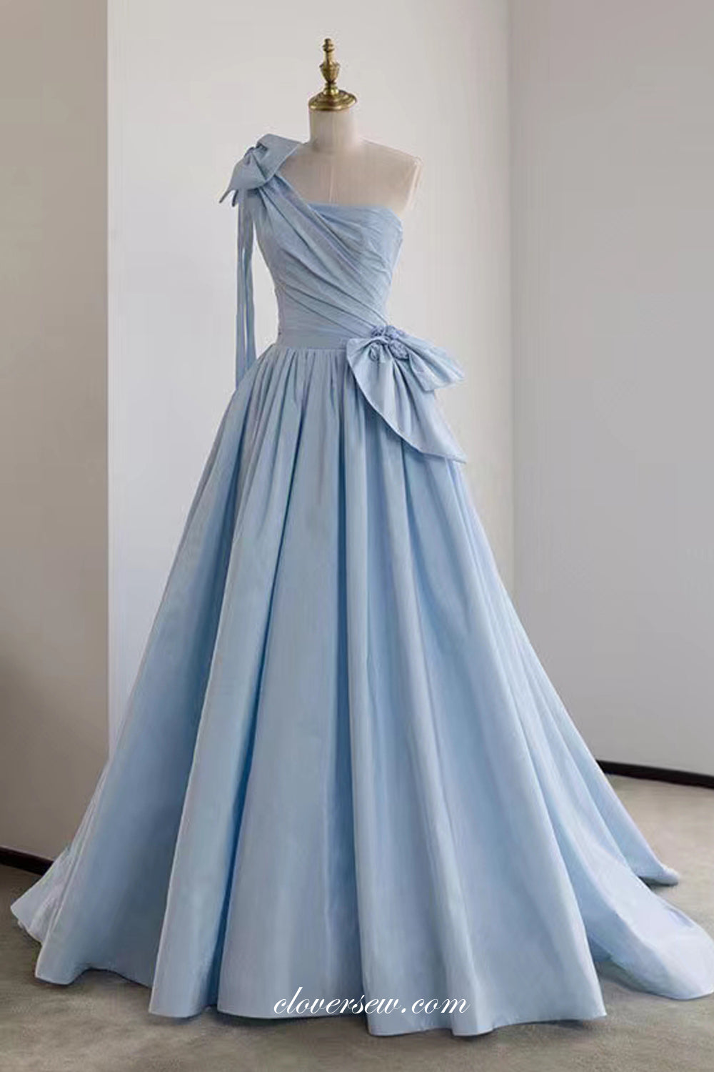 Pale Blue Satin Bowknot One Shoulder Pleating A-line Prom Dresses, CP0850