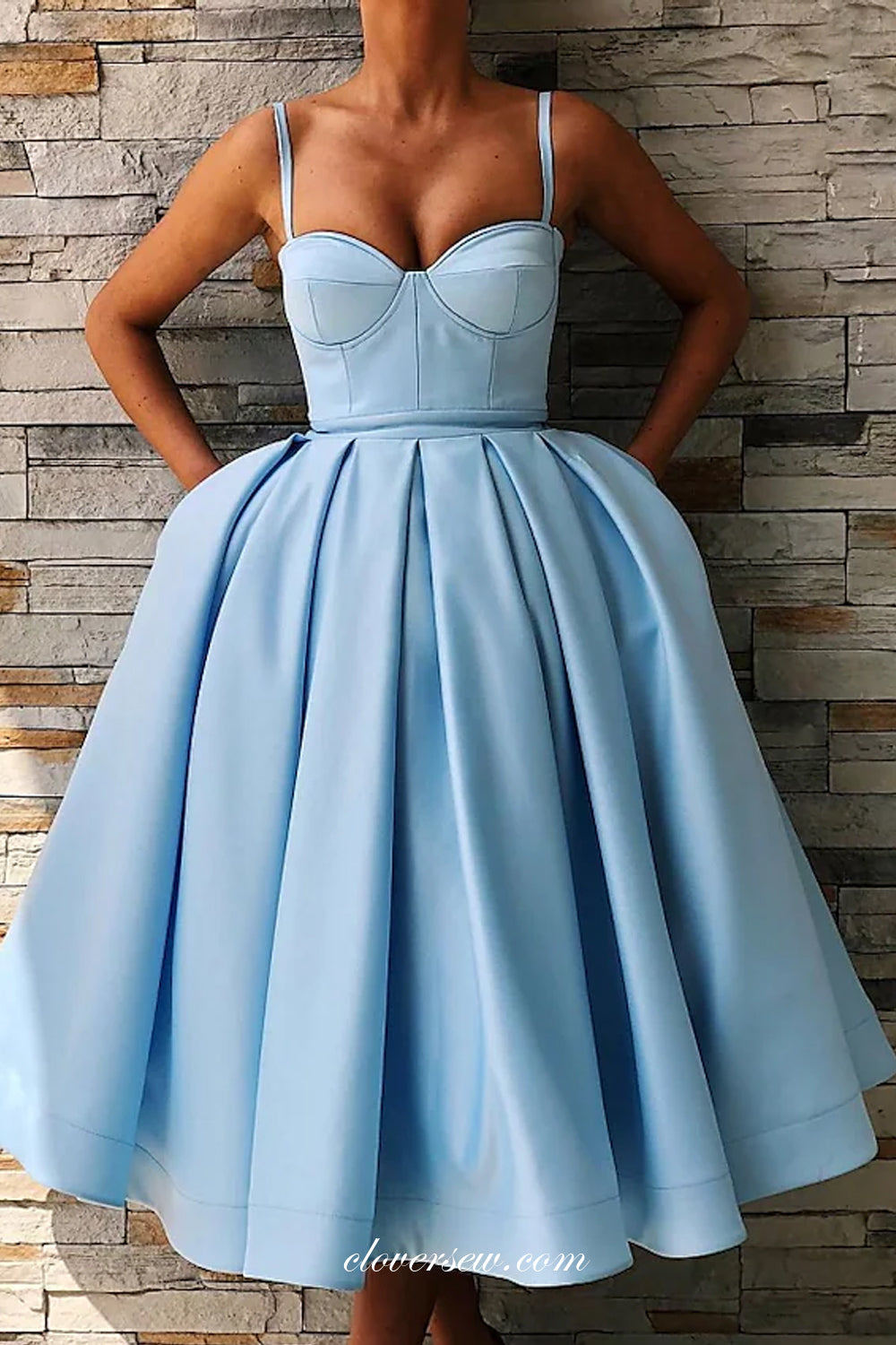 Pale Blue Satin Sleeveless Cocktail Party Dresses Homecoming Dresses, CH0033