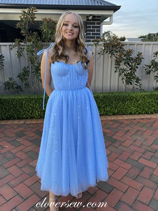 Pale Blue Sequined Tulle Pleating A-line French Prom Dresses, CP0759