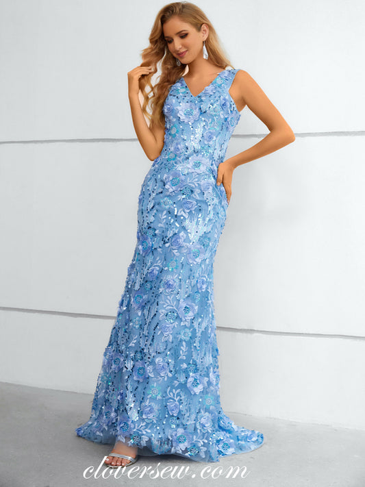 Pale Blue Stunning Lace Sleeveless V-neck Mermaid Elegant Prom Dresses, CP0911