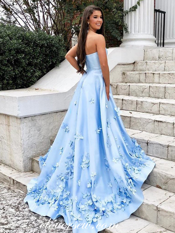 Pale Blue Satin 3D Applique A-line Prom Dresses, CP0070