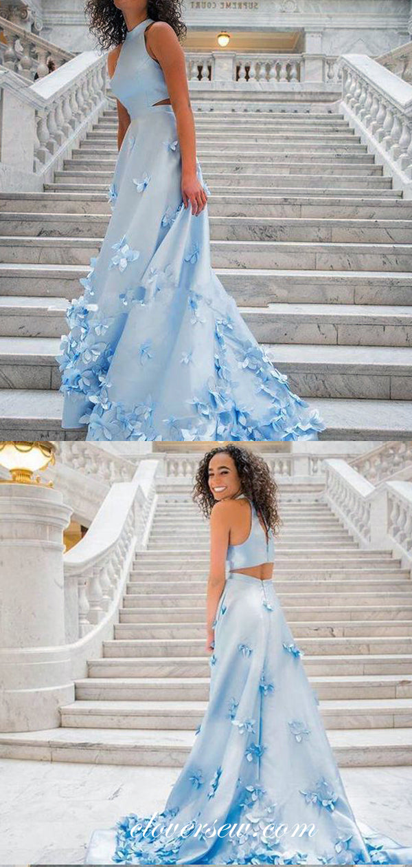 Pale Blue Satin 3D Applique A-line Prom Dresses, CP0070