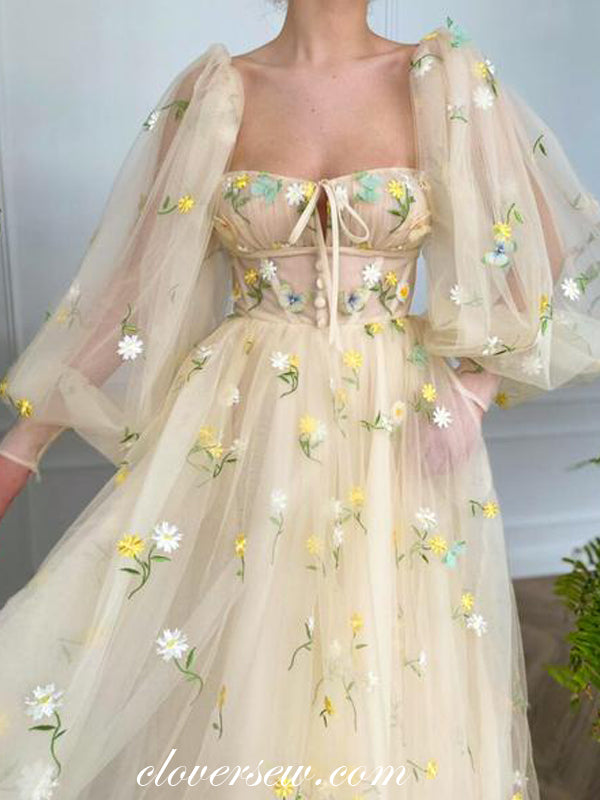 Pastel Yellow Embroidery Tulle Long Lantern Sleeves Prom Dresses, CP0799