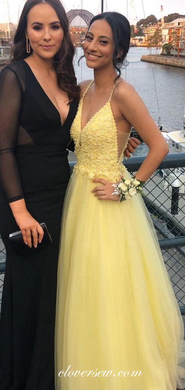 Pastel Yellow Lace Bead Tulle V-neck A-line Prom Dresses For Teens, CP0577