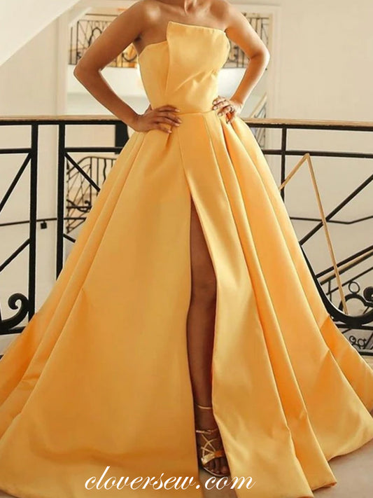 Pastel Yellow Satin Strapless Slit Prom Dresses, CP0756