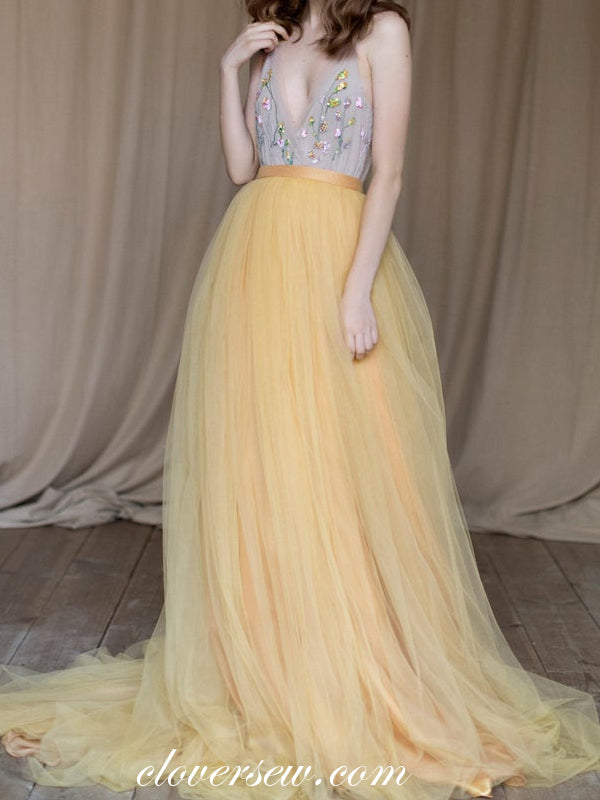 Pastel Yellow Tulle Beaded V-neck Charming Wedding Dresses, CW0248