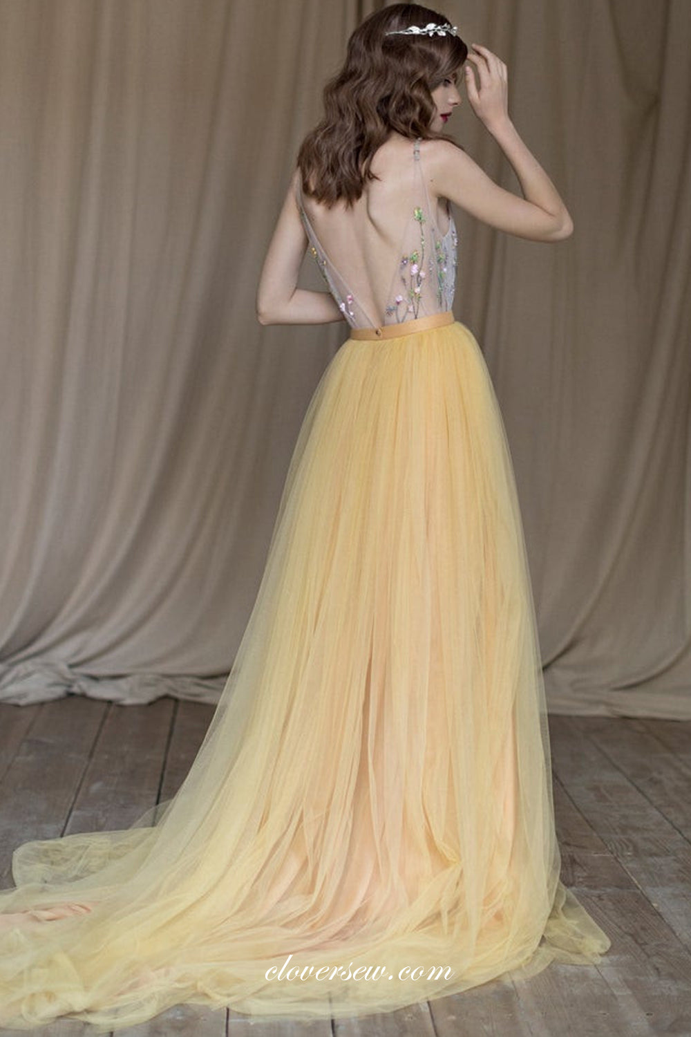 Pastel Yellow Tulle Beaded V-neck Charming Wedding Dresses, CW0248