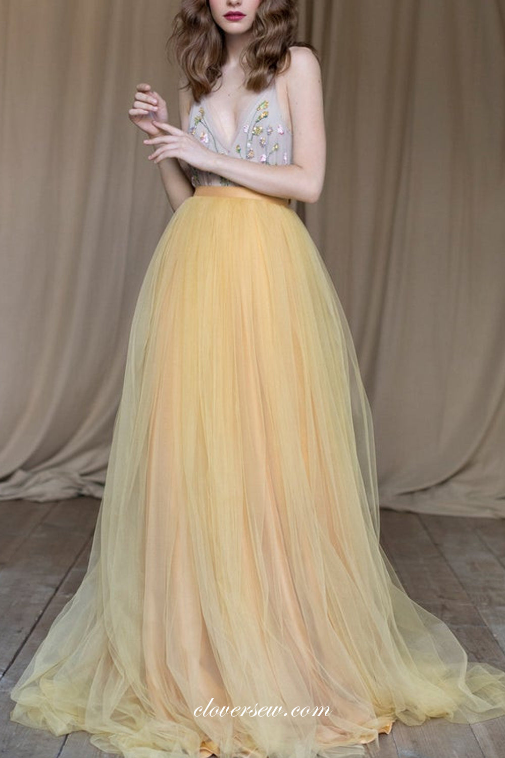 Pastel Yellow Tulle Beaded V-neck Charming Wedding Dresses, CW0248