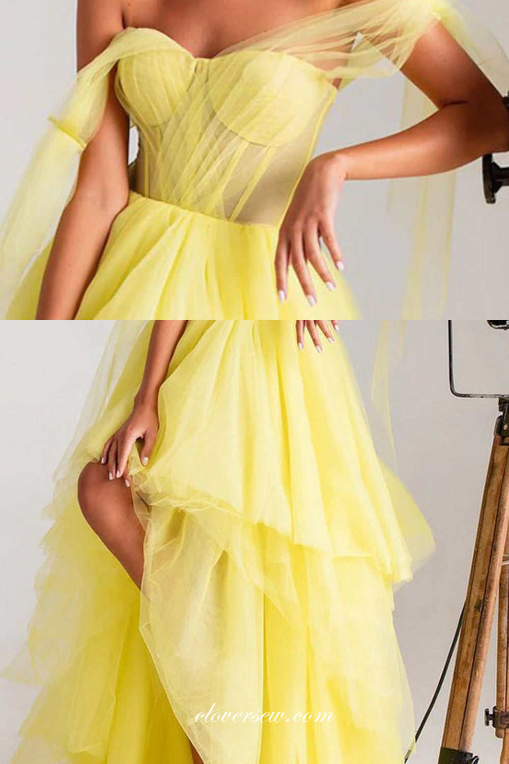 Pastel Yellow Tulle Sweetheart Convertible Straps High Low Prom Dressea, CP0990
