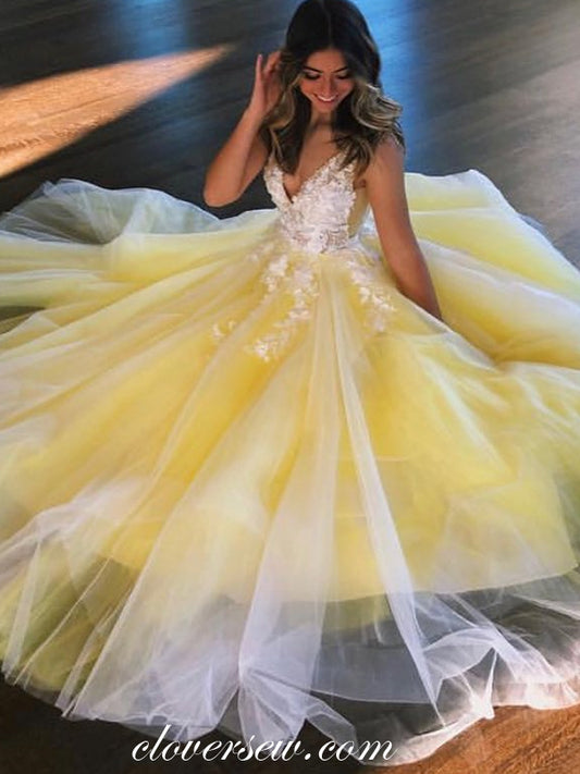 Pastel Yellow Tulle White Applique A-line Prom Dresses For Teens, CP0527