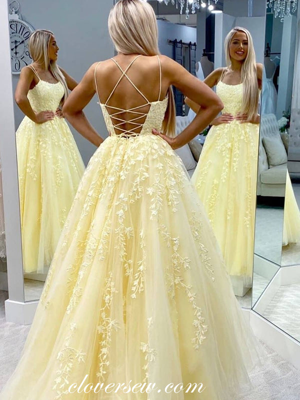 Pastel Yellow Lace Applique Spaghetti Strap Lace Up Back Prom Dresses,CP0246