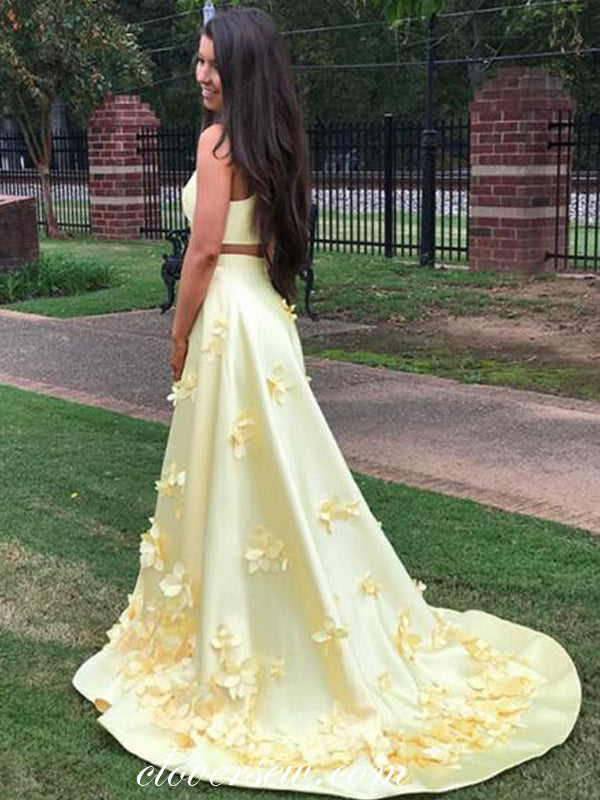 Pastel Yellow Satin 3D Applique A-line Prom Dresses, CP0069