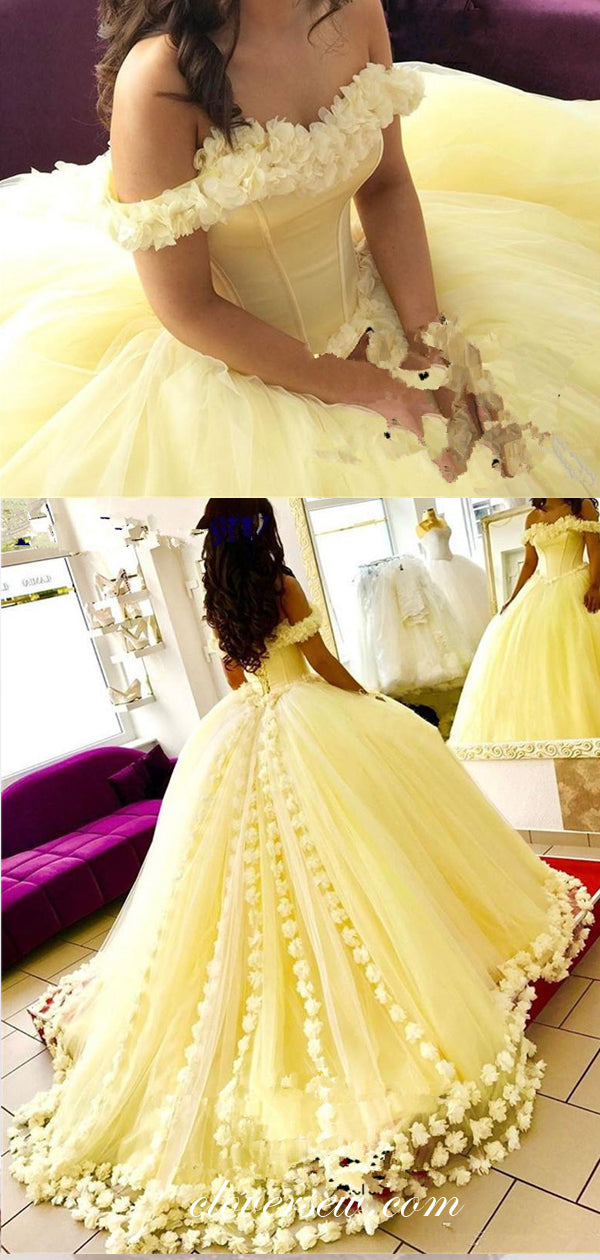 Pastel Yellow Tulle Handmade Flowers Off The Shoulder Ball Gown Prom Dresses, CP0156