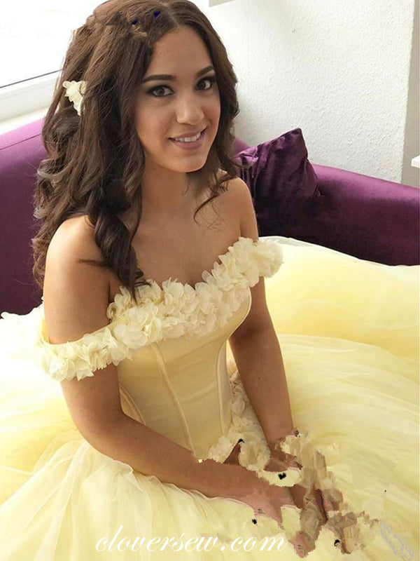Pastel Yellow Tulle Handmade Flowers Off The Shoulder Ball Gown Prom Dresses, CP0156