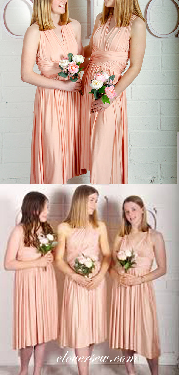 Peach Pink Jersey Convertible Knee Length Bridesmaid Dresses,CB0167