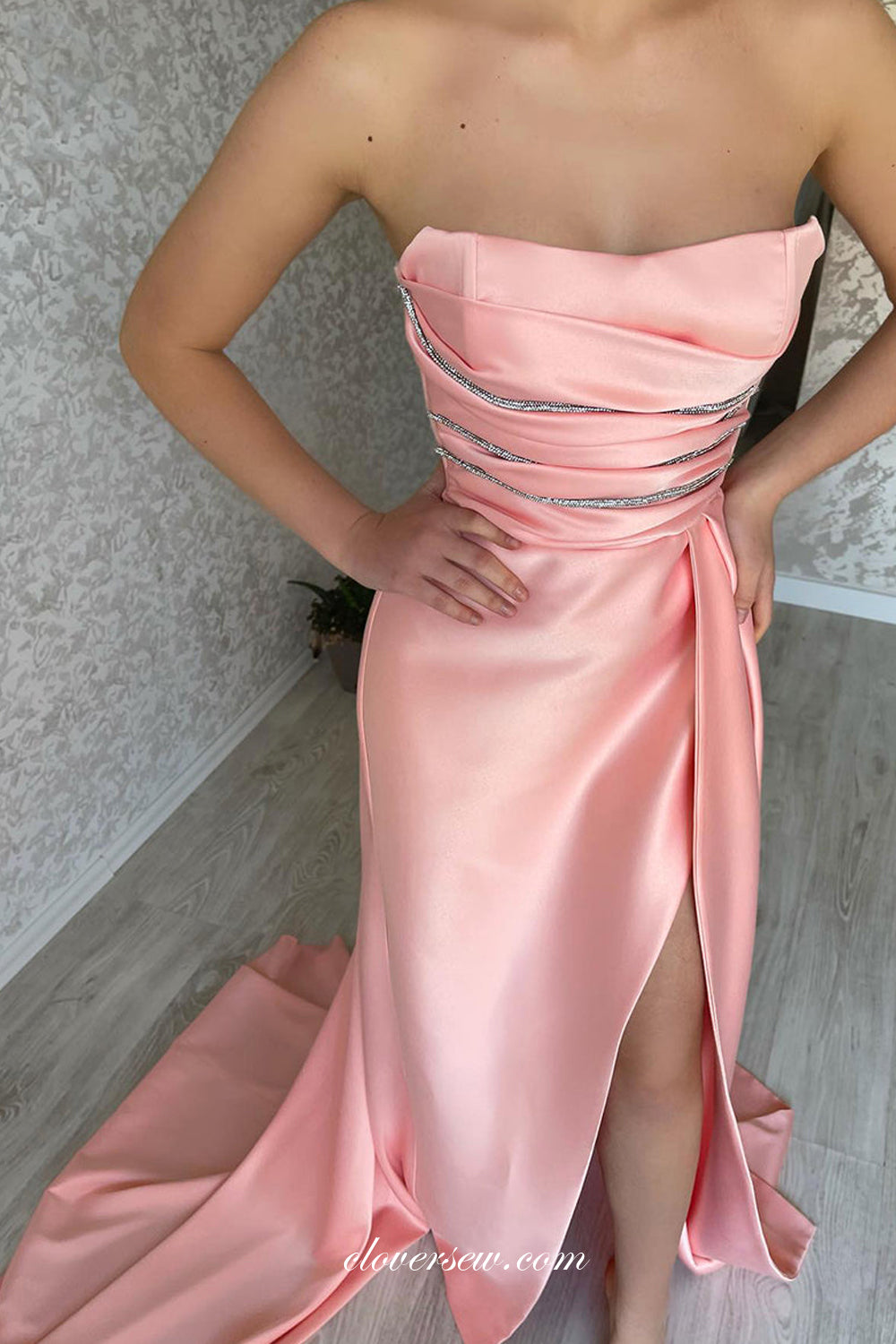 Peach Pink Satin Strapless Pleating Side Slit Train Prom Dresses, CP0953