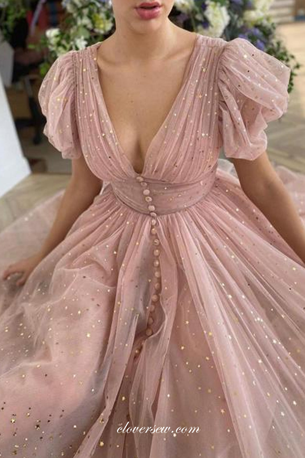 Dusty Pink Sequined Tulle Short Sleeves Fashion Tea-length Prom Dresses, CP0786