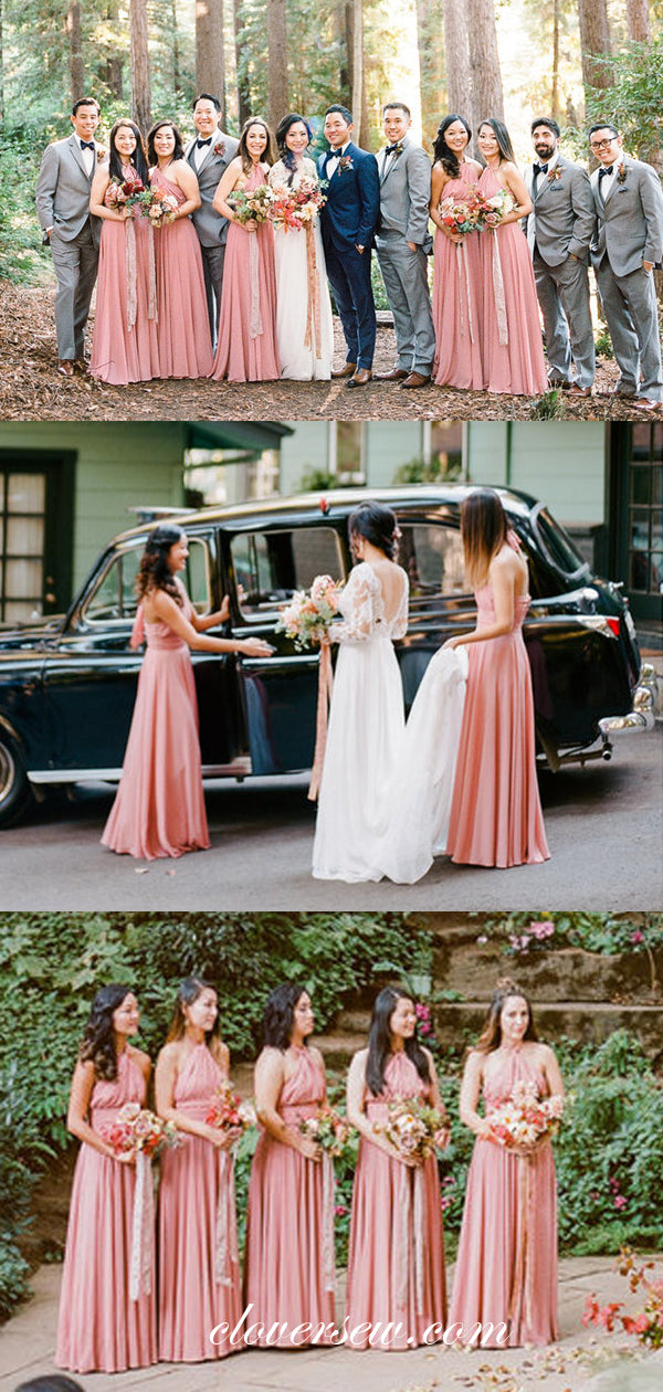 Peach Pink Chiffon Halter A-line Long Bridesmaid Dresses, CB0054