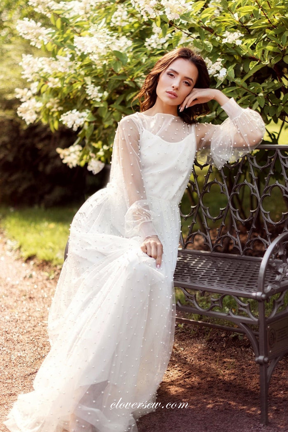 Pearl Tulle Long Sleeves Two Pieve Column Wedding Dresses, CW0249