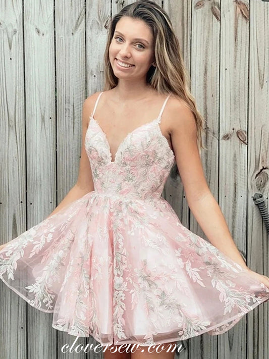 Pink Charming Lace Spagehtti Strap A-line Homecoming Dresses, CH0029