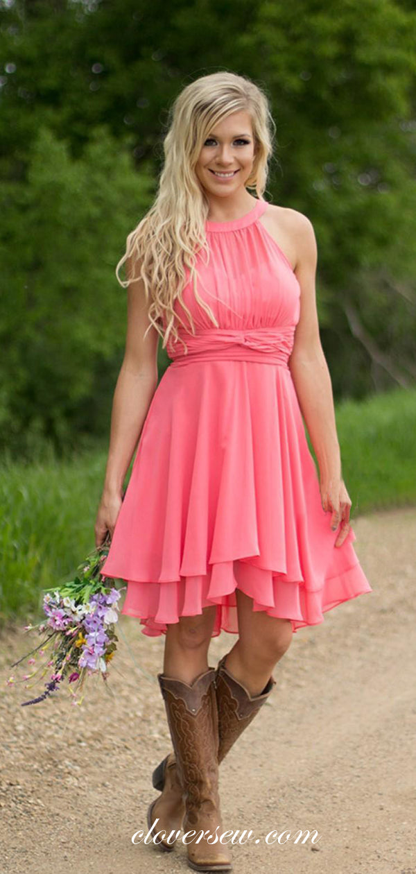 Pink Chiffon Round Neck High Low Short Bridesmaid Dresses,CB0162