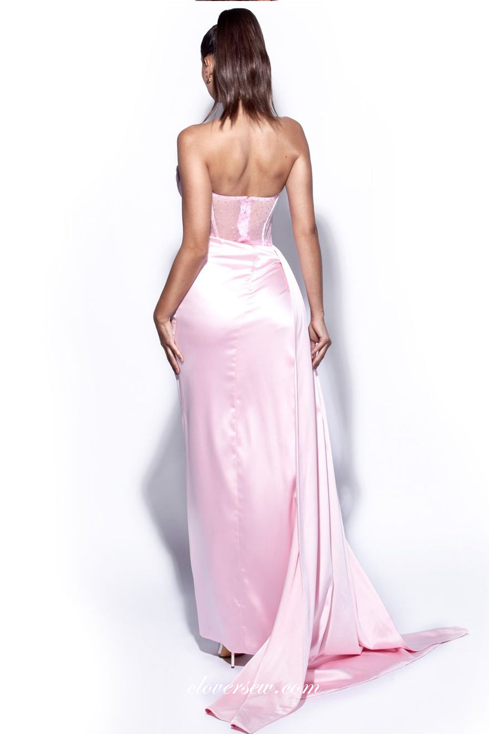 Pink Elastic Satin Sexy High Slit Pleating With Train Sheath Formal Dresses, CP0896