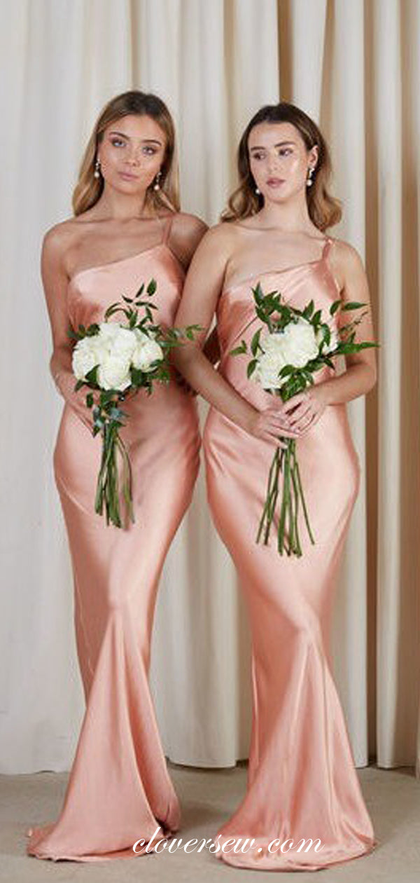 Pink Elastic Satin Spaghetti Strap One Shoulder Sheath Bridesmaid Dresses,CB0164