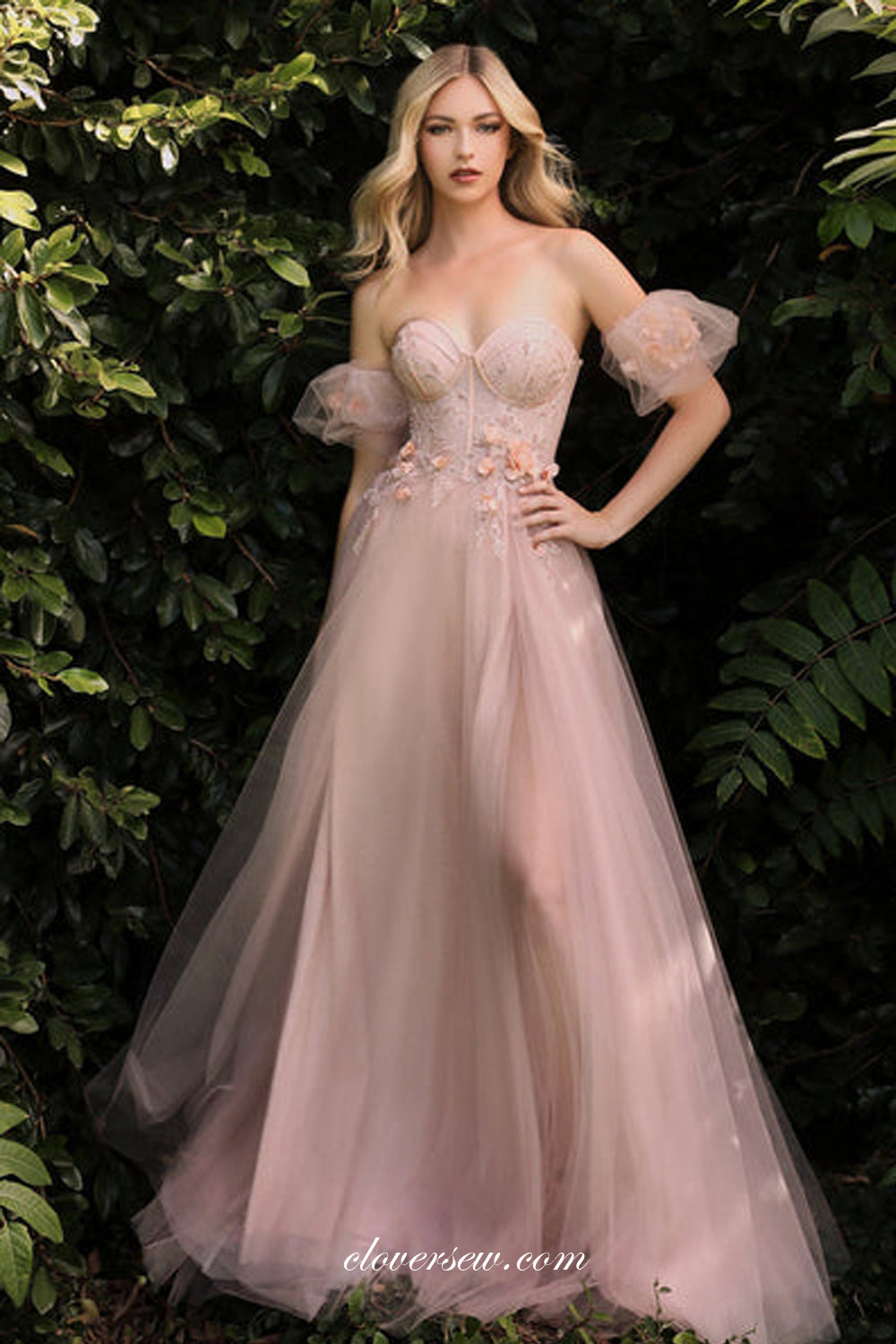 Pink Fashion Convertible Sleeves 3D Applique Prom Dresses, CP0871