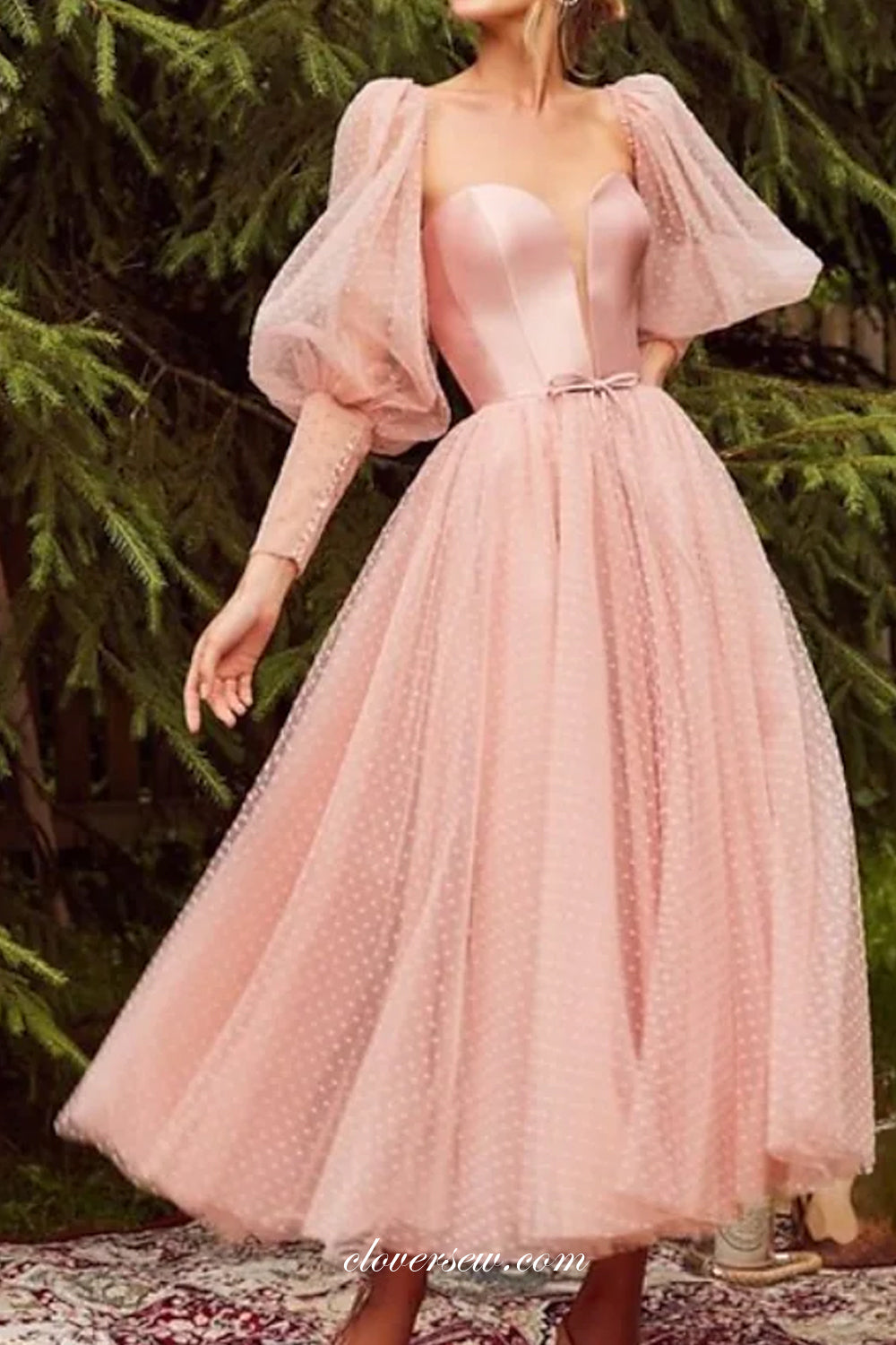 Pink Fashion Tulle Long Sleeves Ankle Length Party Dresses, CP0709