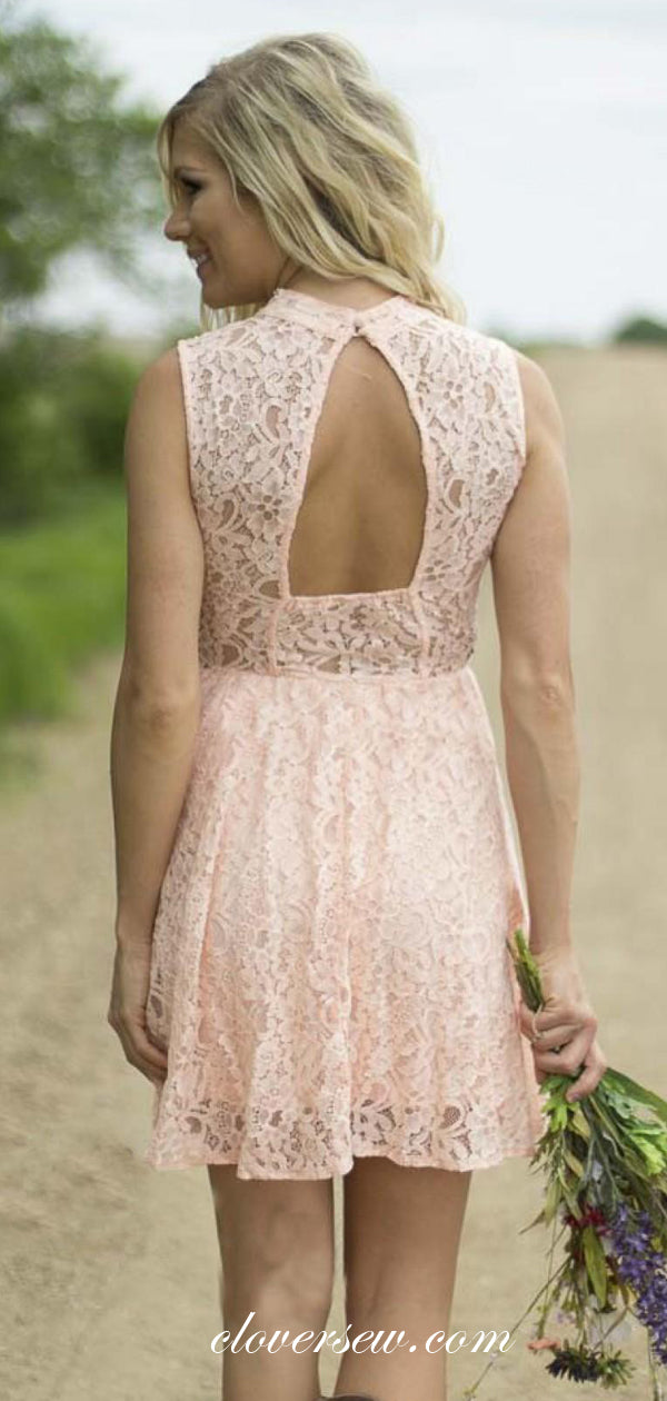 Pink Lace Sequin High Neck A-line Open Back Short Bridesmaid Dresses,CB0141