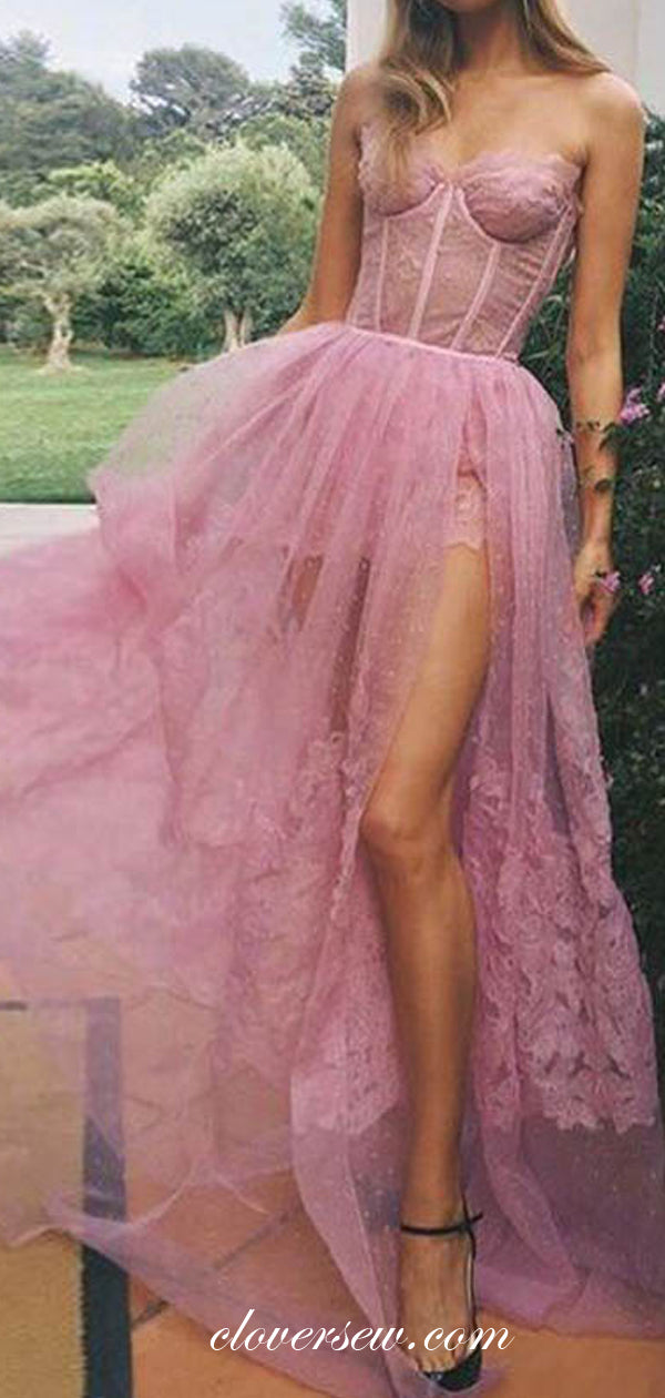 Pink Lace Sexy Strapless See Through Prom Dresses, CP0636