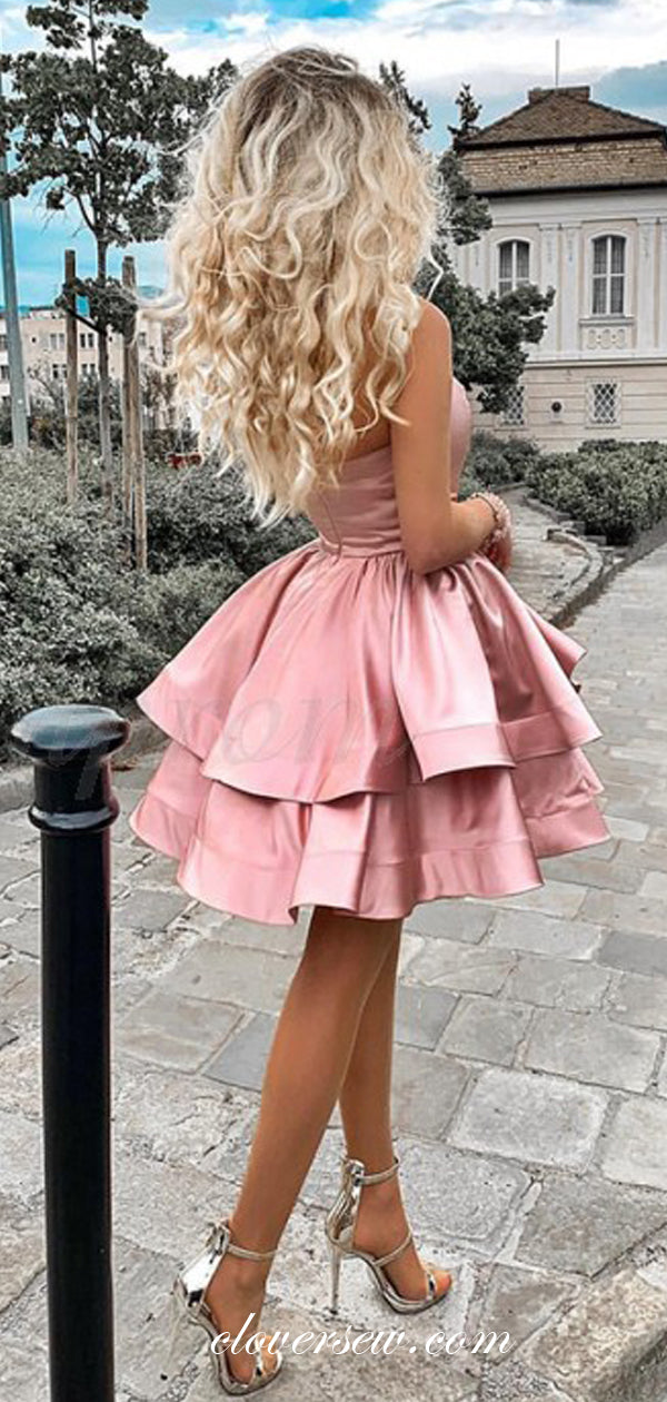 Pink One Shoulder Tiered A-line Homecoming Dresses, CH0017